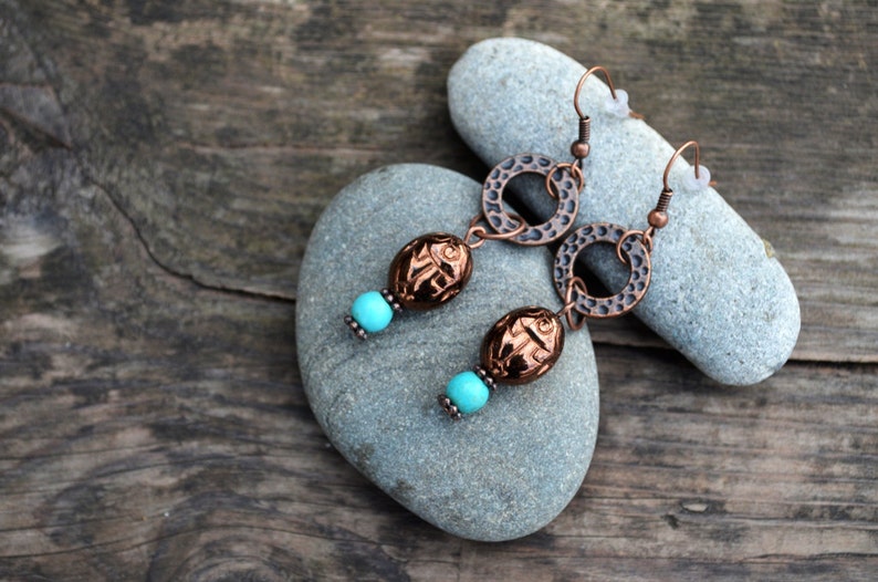 Egyptian Inspired copper earrings Scarab Earrings Beadwork Earrings Turquoise copper earrings Cute gift for friend Tribal earrings Taitallas