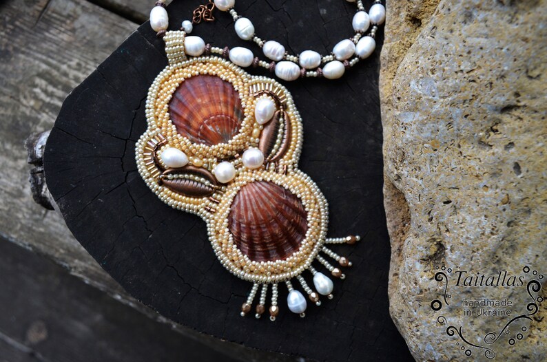 Copper Cowrie Beadwork Large Pendant Scallop Seashells Necklace Bead Embroidery Pearls Necklace
