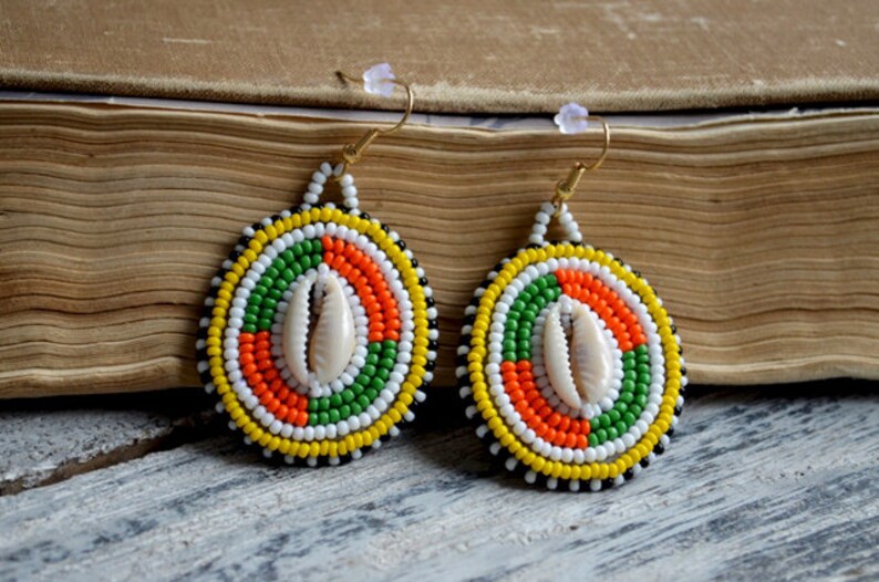 Maasai Inspired Earrings Tribal Jewelry Large Ethnic Earrings Multi Color Seed Bead Earrings Dangling Cowrie Earrings Seashell Earrings