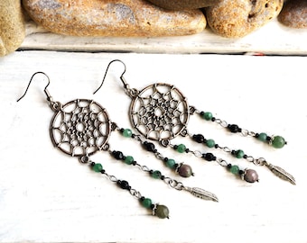 Dreamcatcher Earrings with Feathers and quartz, Boho chic chandeliers