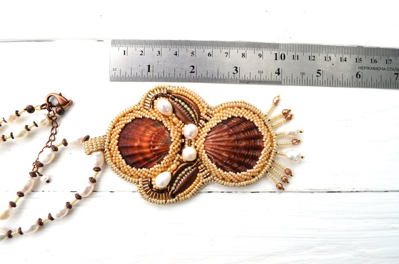 Copper Cowrie Beadwork Large Pendant Scallop Seashells Necklace Bead Embroidery Pearls Necklace