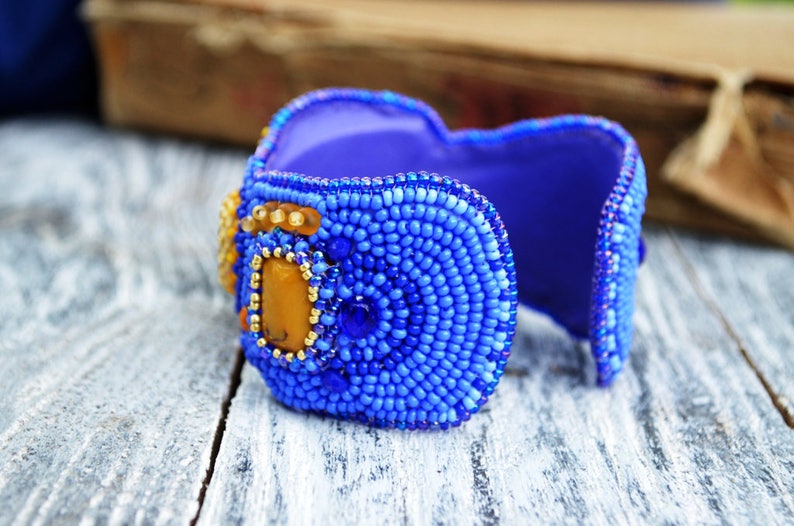 Semiprecious Stones Cuff Wide Bracelet for Women Embroidered Bracelet Blue Beaded Cuff Yellow Jasper Cuff Handcrafted Jewelry