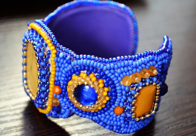 Semiprecious Stones Cuff Wide Bracelet for Women Embroidered Bracelet Blue Beaded Cuff Yellow Jasper Cuff Handcrafted Jewelry