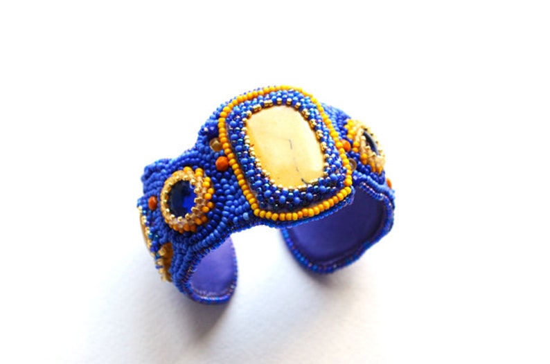Semiprecious Stones Cuff Wide Bracelet for Women Embroidered Bracelet Blue Beaded Cuff Yellow Jasper Cuff Handcrafted Jewelry