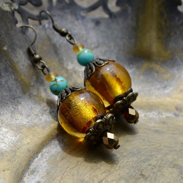 Honey yellow Turquoise earrings with bronze toned finish, Nature inspired earrings, Fairytale gift, Everyday jewelry