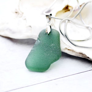 Dark Green Sea Glass Pendant Necklace: Stainless Steel Chain, Beach Jewelry