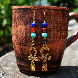 Egyptian Ankh Earrings: Beaded Kemet Key of Life Jewelry