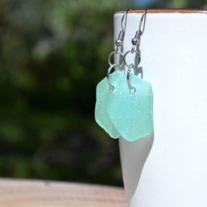 Seafoam Sea Glass Earrings: Mismatched Dangle, Stainless Steel