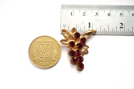 Soviet Grape Bunch Golden Brooch, Vintage Red Cry… - image 5