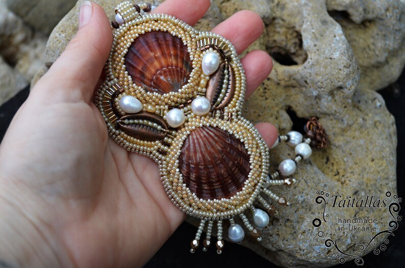 Copper Cowrie Beadwork Large Pendant Scallop Seashells Necklace Bead Embroidery Pearls Necklace