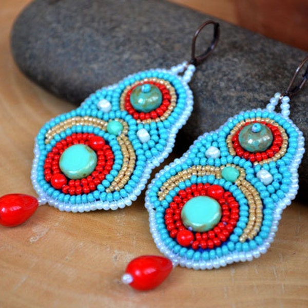 Turquoise Red Bead Embroidery Earrings Bead Embroidered Earrings Beadwork Multicolored Earrings Bead Embroidered jewelry Seed Bead Earrings