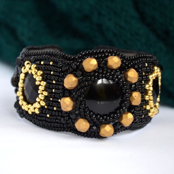 Black Gold Bead Embroidered Agate Bracelet Seed Bead Cuff Bead Embroidered Jewelry Bead Embroidery Bracelet Beadwork Bracelet Womens gift