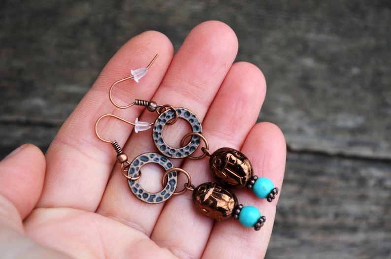 Egyptian Inspired copper earrings Scarab Earrings Beadwork Earrings Turquoise copper earrings Cute gift for friend Tribal earrings Taitallas