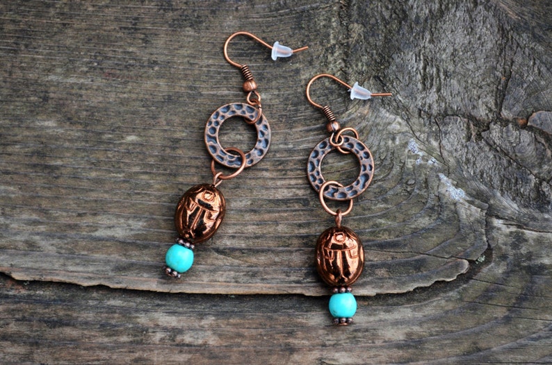 Egyptian Inspired copper earrings Scarab Earrings Beadwork Earrings Turquoise copper earrings Cute gift for friend Tribal earrings Taitallas