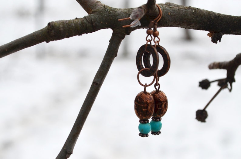 Egyptian Inspired copper earrings Scarab Earrings Beadwork Earrings Turquoise copper earrings Cute gift for friend Tribal earrings Taitallas