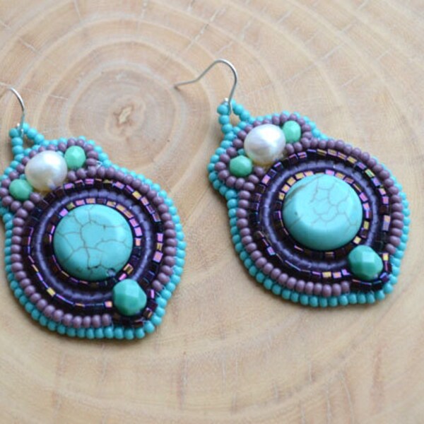 Bead Embroidery Turquoise Purple Dangle Earrings Bead Embroidered Earrings Seed Bead Earrings Beadwork Earrings Bead Embroidered Jewelry