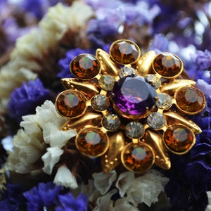 Vintage Crystal Brooch: Golden Framed USSR Pin, Retro Statement Jewelry
