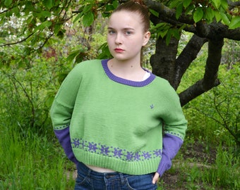 Cropped Green Purple cotton blend sweater, Hand knitted pullower