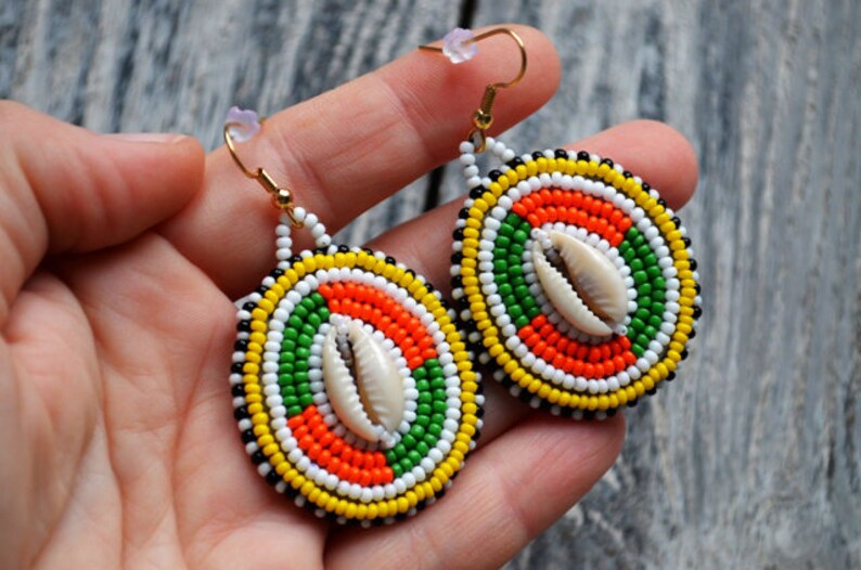 Maasai Inspired Earrings Tribal Jewelry Large Ethnic Earrings Multi Color Seed Bead Earrings Dangling Cowrie Earrings Seashell Earrings