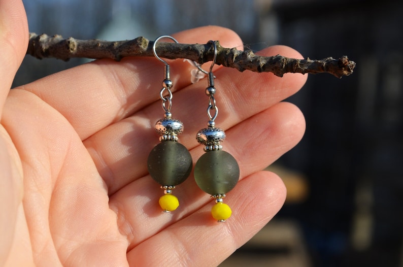 Grey Yellow earrings Coworker gift for her Simple beaded earrings Gray Glass earrings Casual earrings Everyday earrings Cute Gift for Fiend