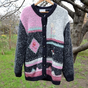 Wool blend women&#39;s cardigan, Cozy vintage, Patchwork 90s, 80s