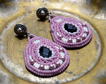 Pink Bead Embroidered Earrings, Statement Chandelier Earrings, Bead embroidery Jewelry, Beaded Blush Pink Earrings, Gift idea