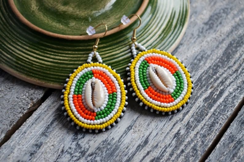 Maasai Inspired Earrings Tribal Jewelry Large Ethnic Earrings Multi Color Seed Bead Earrings Dangling Cowrie Earrings Seashell Earrings