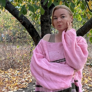 Oversized Pink Olive Mohair sweater, Unique pullover, Loose fit top, Plus size sweater