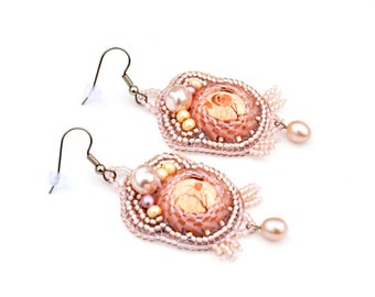 Blush Pink Bead Embroidered Earrings, Handmade beadwork jewelry, Gift idea for women