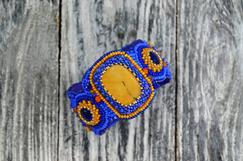 Semiprecious Stones Cuff Wide Bracelet for Women Embroidered Bracelet Blue Beaded Cuff Yellow Jasper Cuff Handcrafted Jewelry