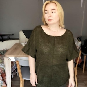 Olive Knitted Mohair Blend Jumper, Fuzzy Top, Short Sleeved Sweater