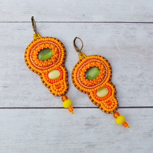 Bead Embroidered Fox Earrings: Orange Green Statement Jewelry
