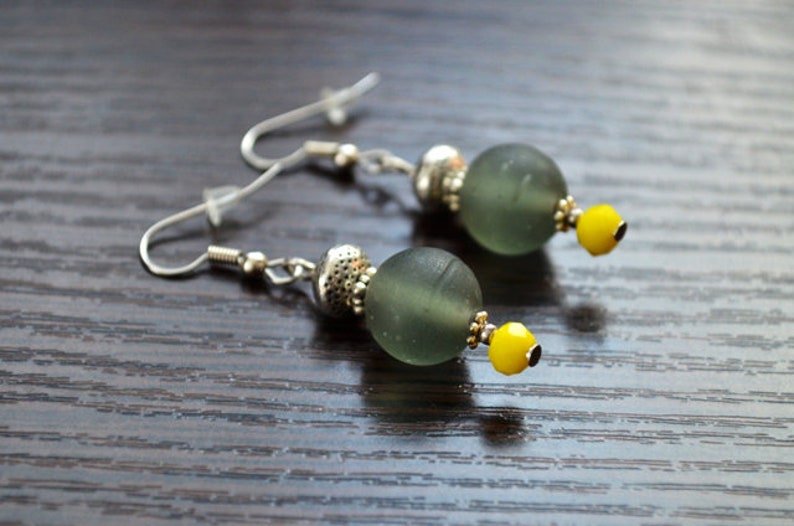 Grey Yellow earrings Coworker gift for her Simple beaded earrings Gray Glass earrings Casual earrings Everyday earrings Cute Gift for Fiend