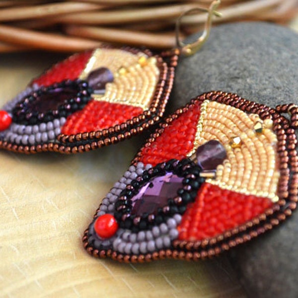 Bead Embroidered Earrings Beadwork Multicolored Earrings Purple Red Beige Seed Bead Earrings Bead Embroidery Jewelry Gift for her Taitallas