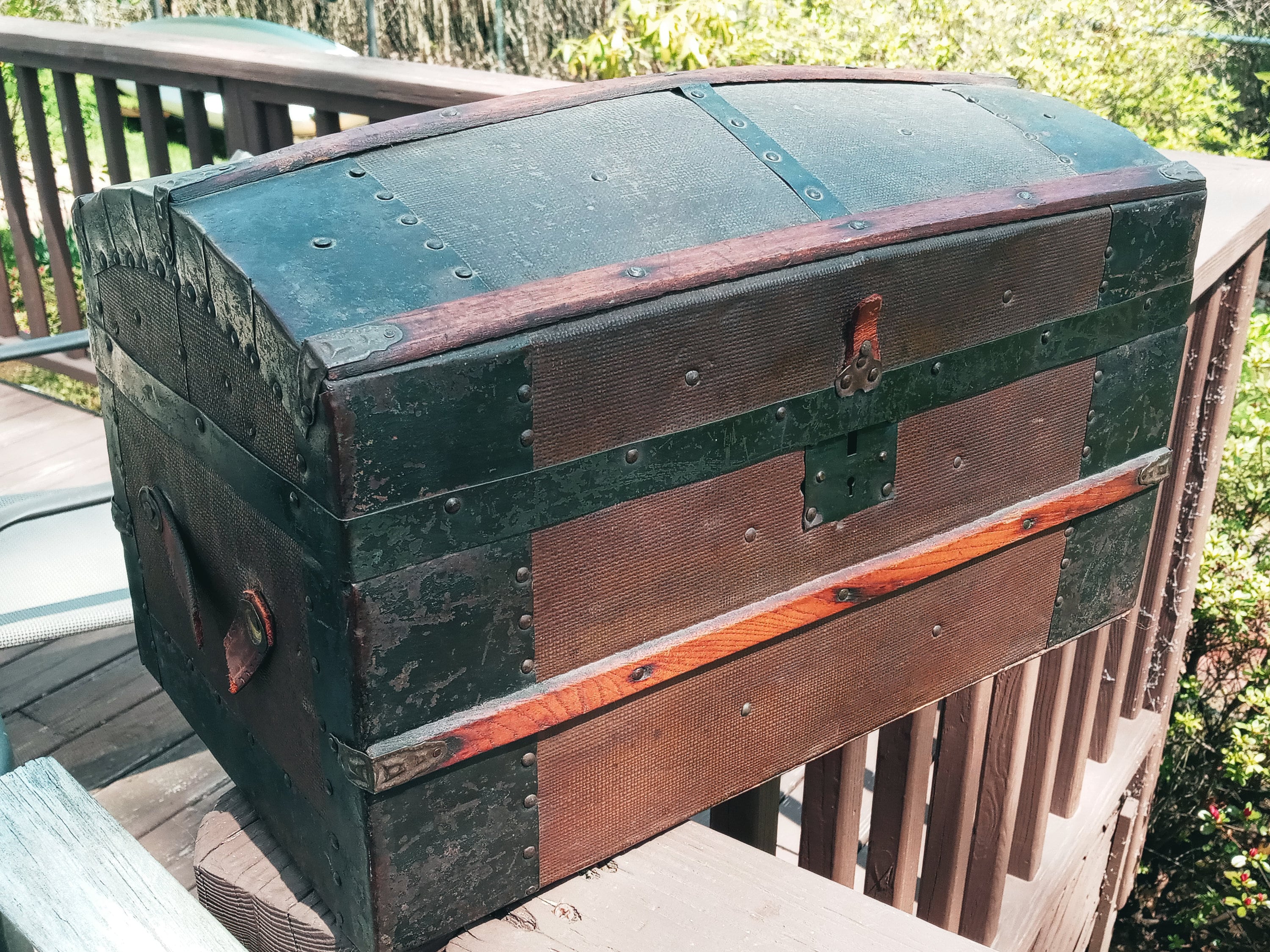 1890s Elegantly Distressed Antique Steamer Travel Trunk Aged Leather Wood &  Iron