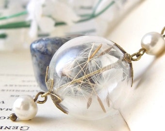 Dandelion and pearl necklace - real dandelion seeds - natural botanical jewellery - wish necklace