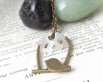 Bird necklace with frosted flower beads - free UK postage!