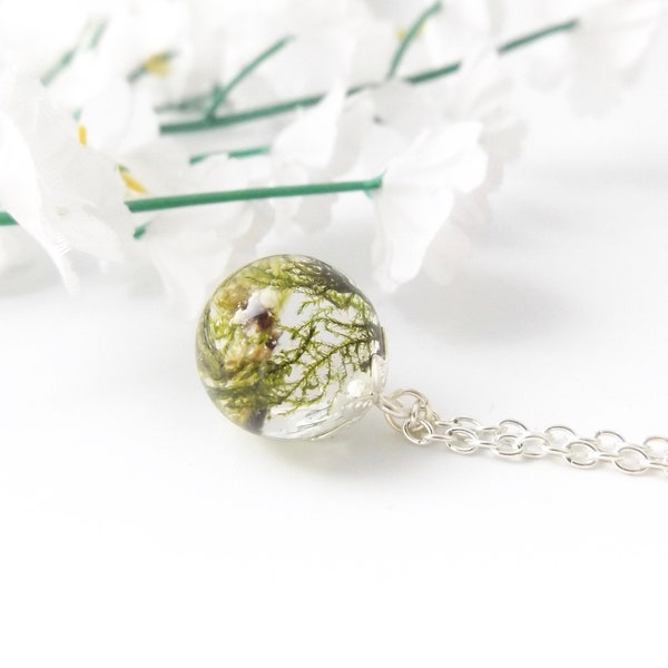 Real Moss Terrarium Necklace: Botanical Orb, Silver Plated Chain