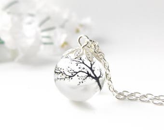 Tree necklace - silver plated resin orb necklace - tree silhouette - nature inspired jewellery handmade in the UK with free UK postage