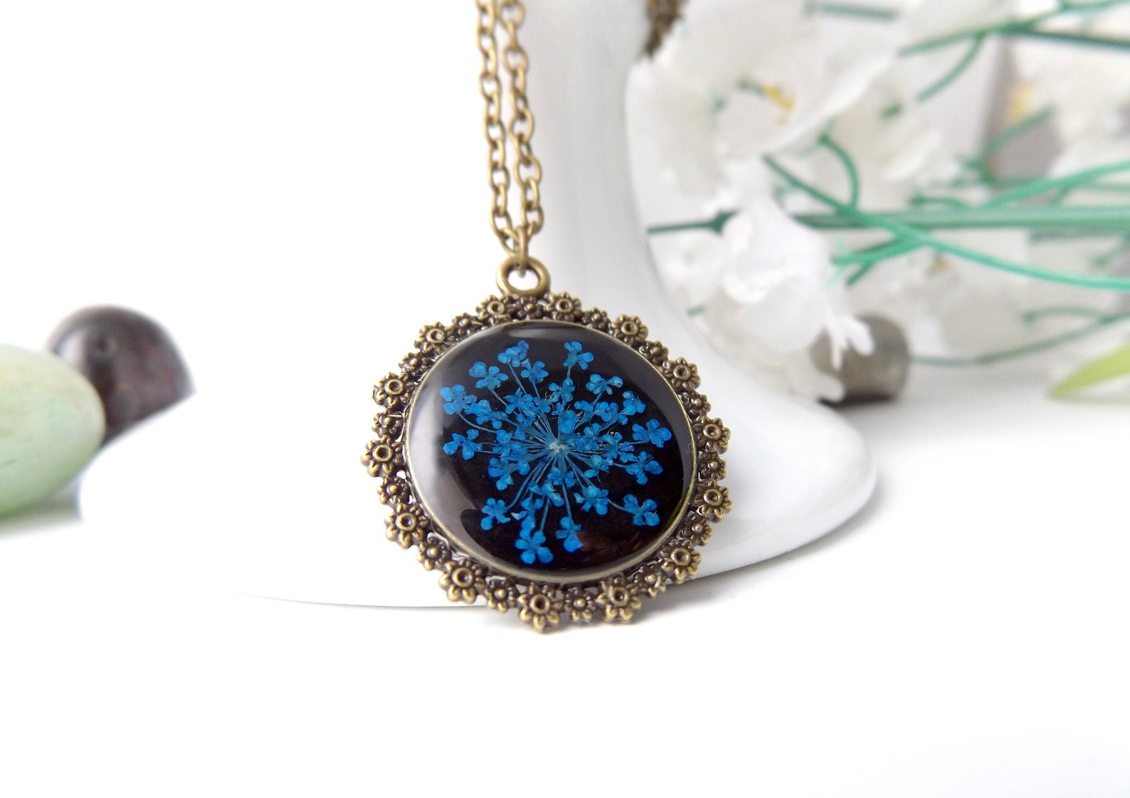 Antique Effect Real Flower Necklace With Cow Parsley Etsy