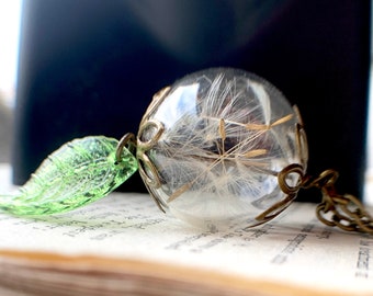 Dandelion and leaf wish necklace - real dandelion seeds - natural botanical jewellery
