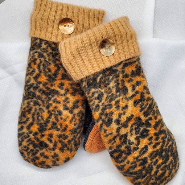 Wild Cheeta mittens Recycled repurposed upcycled felted wool angora cashmere sweater anti pill fleece lined medium