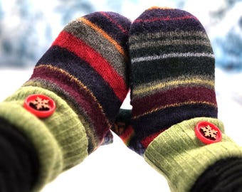 Par de mitones de lana de fieltro reciclado con brillos a rayas para mujer, guantes convertibles con pantalla táctil, mitones abatibles con diseño de copo de nieve, talla mediana