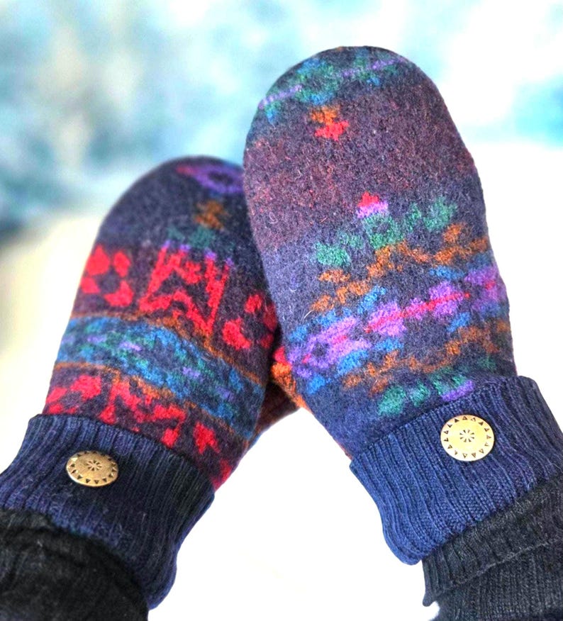 Mitones de lana Pendleton CLÁSICOS - reciclados - Diseño del suroeste - Botones con detalles plateados - Cabaña de troncos - Northwoods - Talla mediana para mujer imagen 2