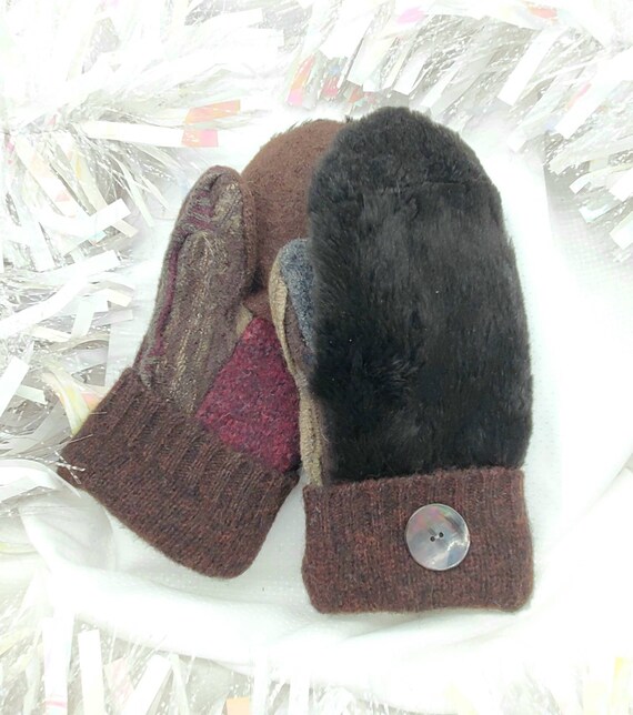 Rabbit Fur Chocolate and Wine Mittens Recycled Upcycled - Etsy