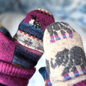 Upcycled Wool Sweater Glittens | Whimsical Elephant & Loon Convertible Mittens | Size Women’s Medium | Handcrafted Boho Fingerless Gloves