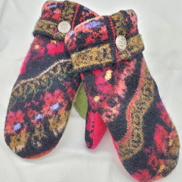 STUNNING! Icelandic design mittens recycled wool sweater felted repurposed upcycled fleece liner black red medium