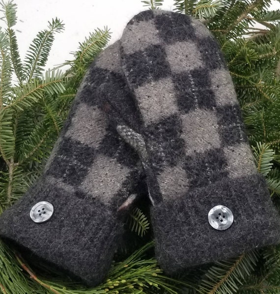 Recycled wool sweater mittens felted fleece lined checkers | Etsy