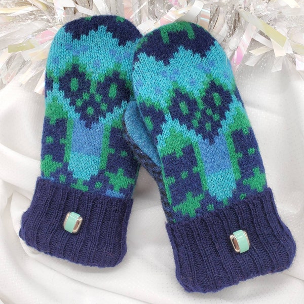 Hearts in blue recycled felted wool sweater mittens upcycled fleece lined small