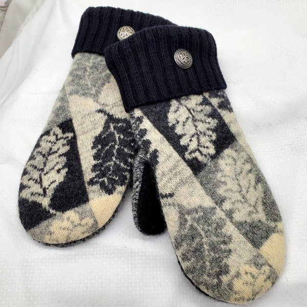 Leaves in grey. Recycled wool sweater mittens repurpoed upcycled felted. fleece liners medium